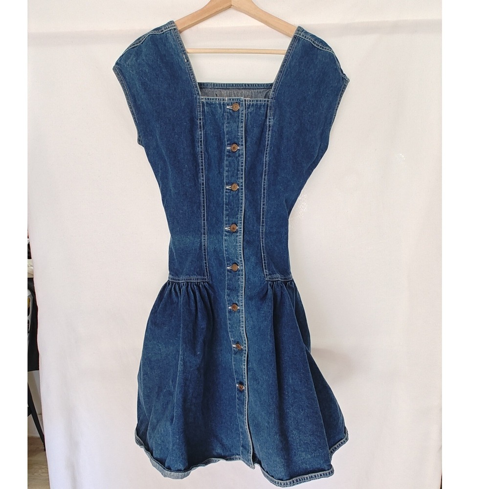 Krizia Jeans Denim Dress M Blue Vintage Button Front Dropped Waist Made in Italy